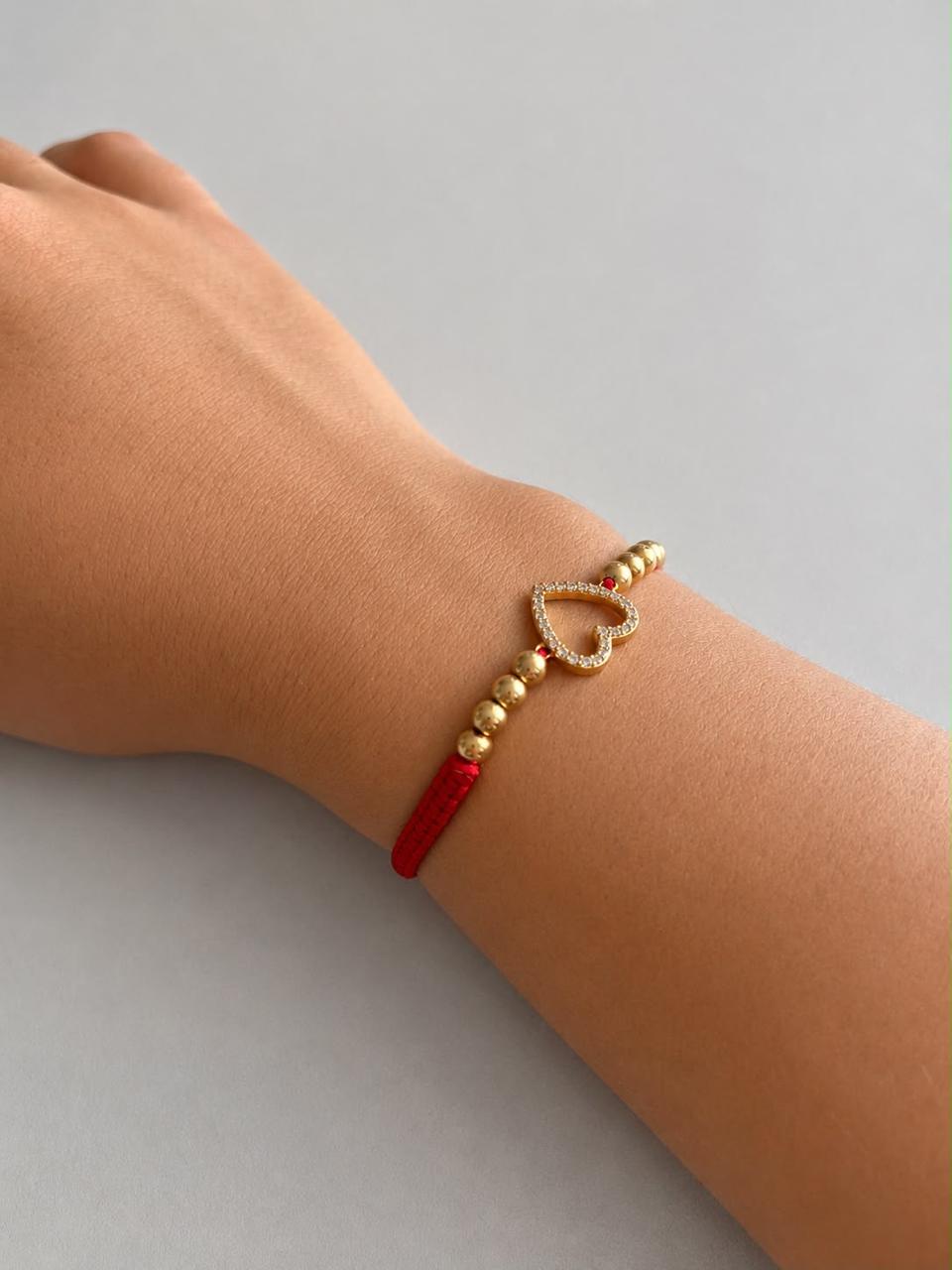 Pulsera Tejida Corazón con Circones Blancos y Balines Lisos #4 Dama