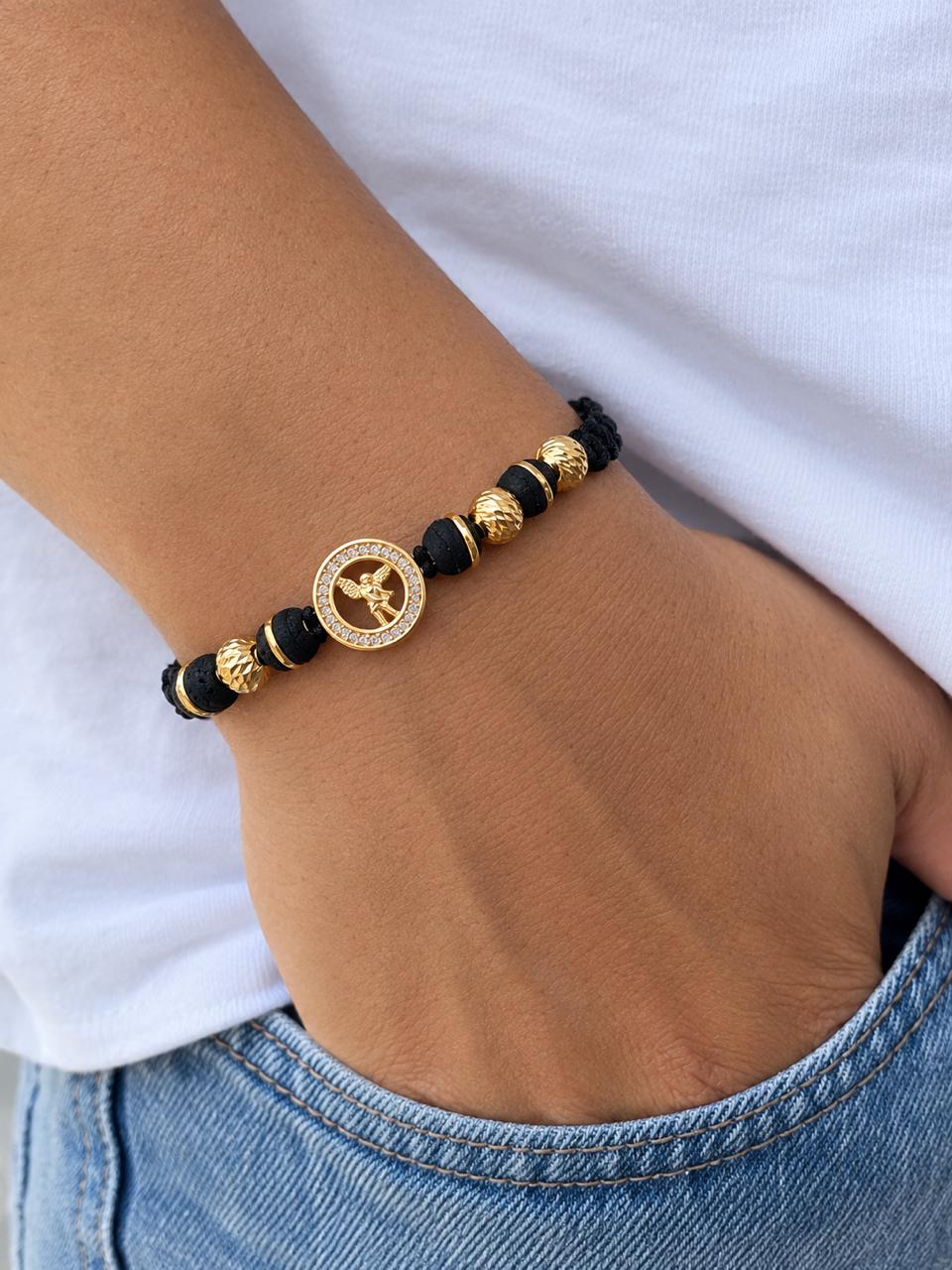 Pulsera Tejida con Dije Arcángel San Miguel y Balines #5 Diamantado Hombre