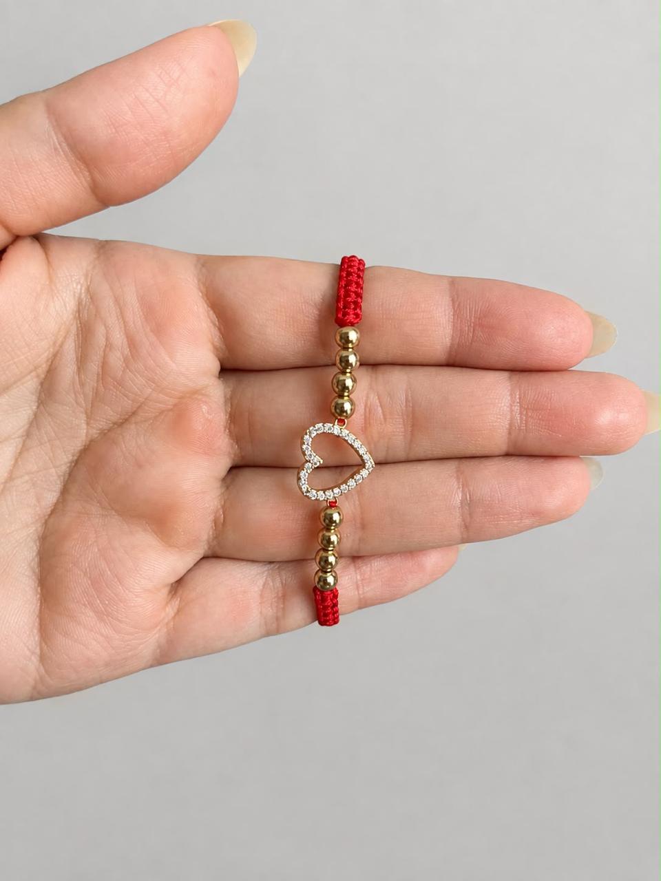 Pulsera Tejida Corazón con Circones Blancos y Balines Lisos #4 Dama