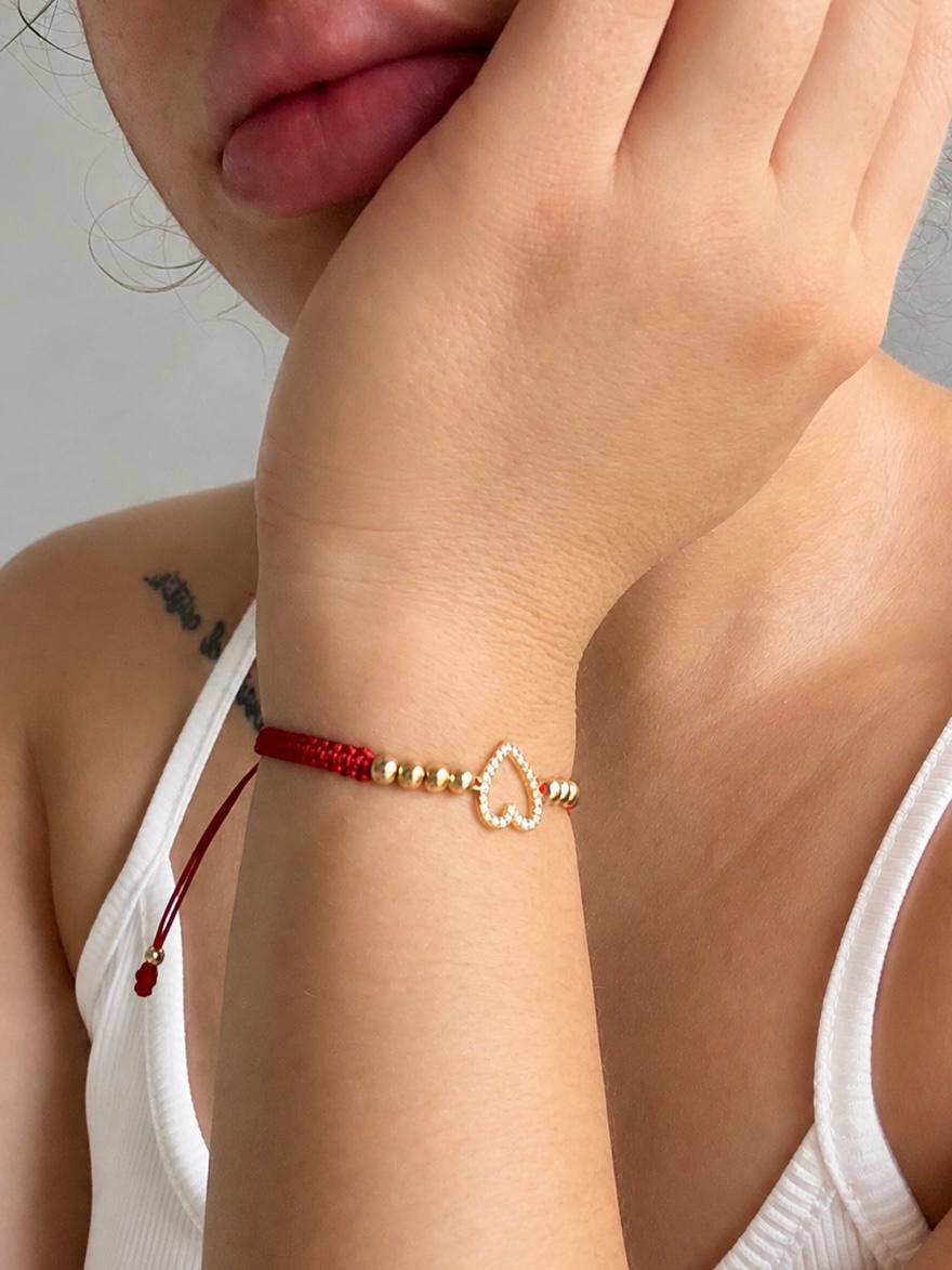 Pulsera Tejida Corazón con Circones Blancos y Balines Lisos #4 Dama