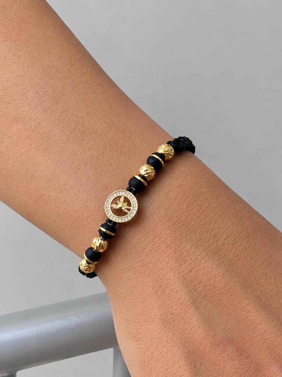 Pulsera Tejida con Dije Arcángel San Miguel y Balines #5 Diamantado Hombre